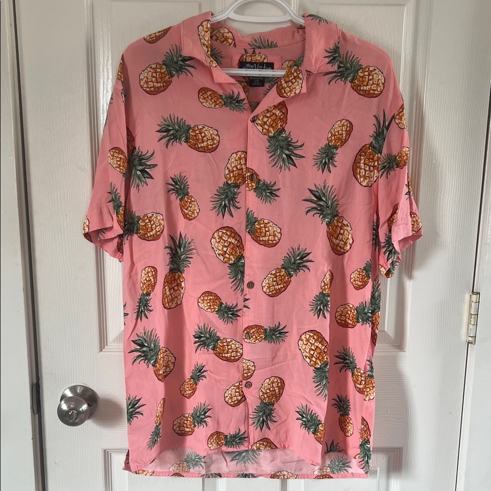 Bluenotes Tropical Vacation Shirt Pineapple Print Pink Button Down Size L